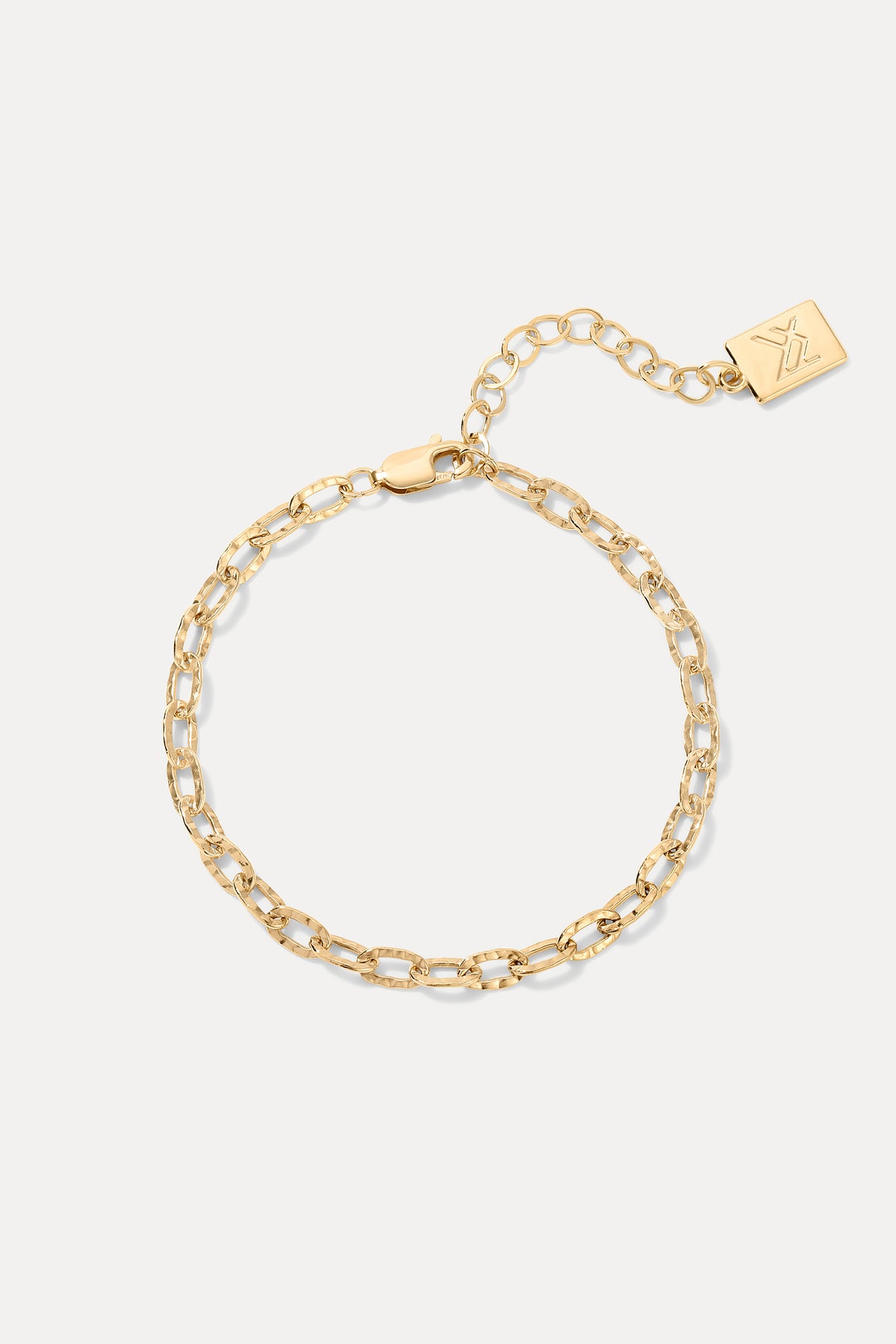 Gold-filled Emily Bracelet displayed in a circle on a white background, showing its hammered chain links, extender, and logo tag.
