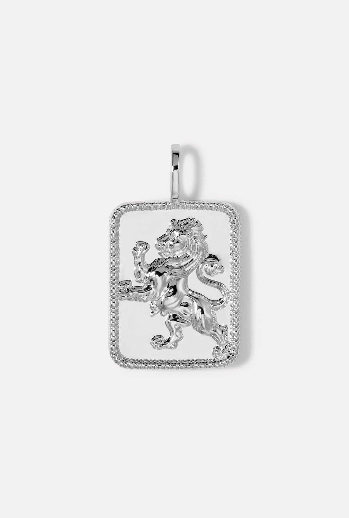 Rectangular silver lion pendant charm on a bail against a plain white background.
