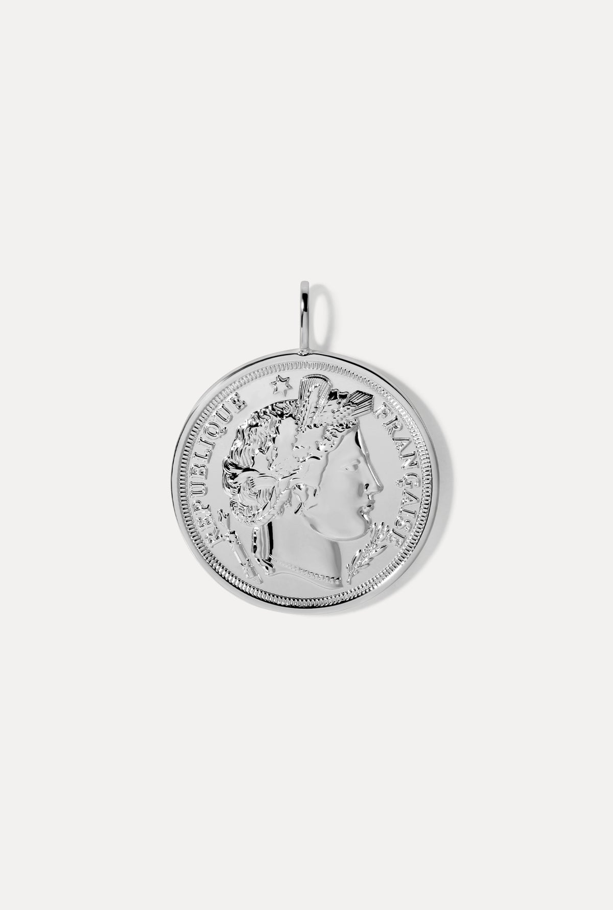 Round vintage-style silver French coin charm on a bail against a plain white background.