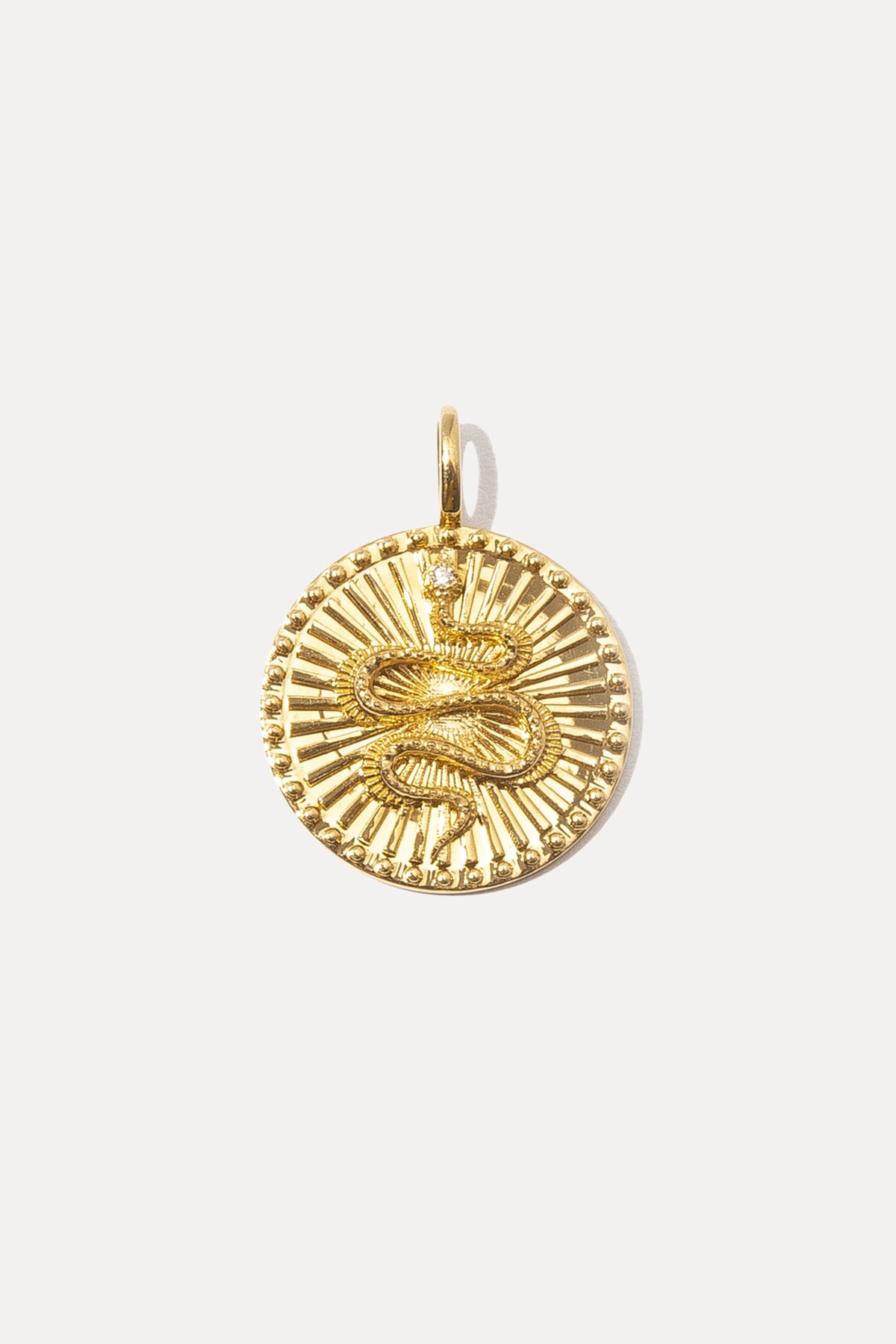 14K gold Renew snake charm with diamond accents on a plain white background.