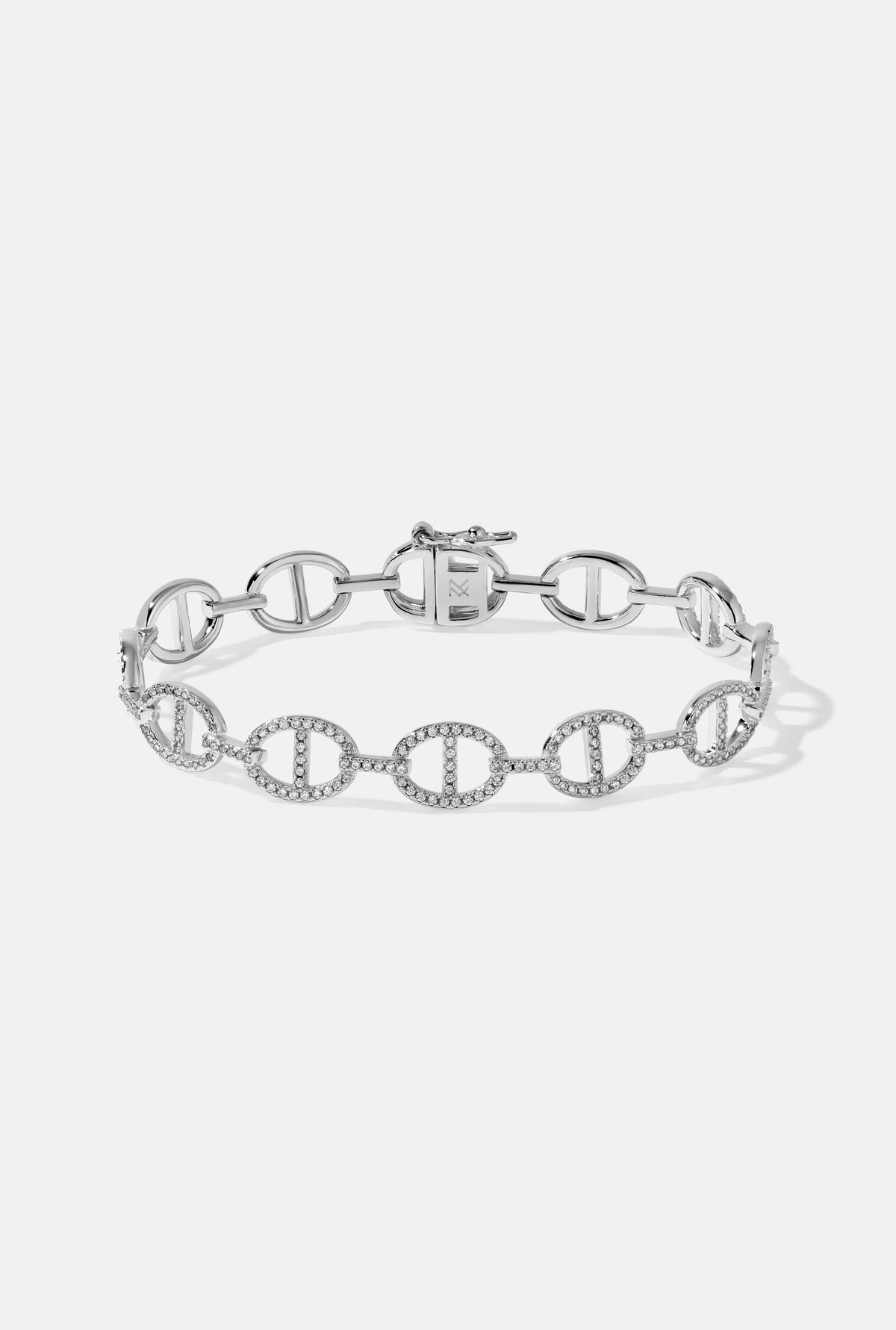 Silver Sienna mariner link bracelet with pavé CZ on a plain white background.