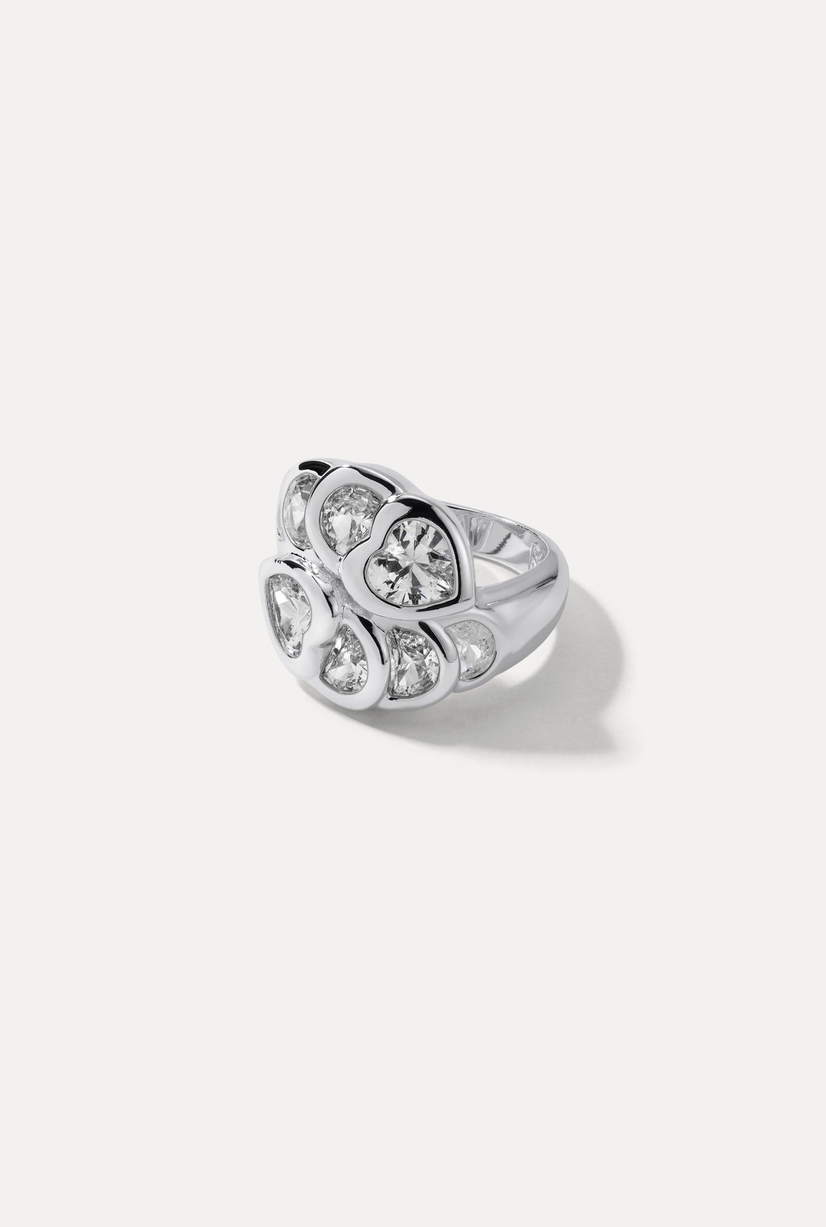 Silver Bardot statement cocktail ring featuring a cluster of heart-shaped CZ stones against a white backdrop.