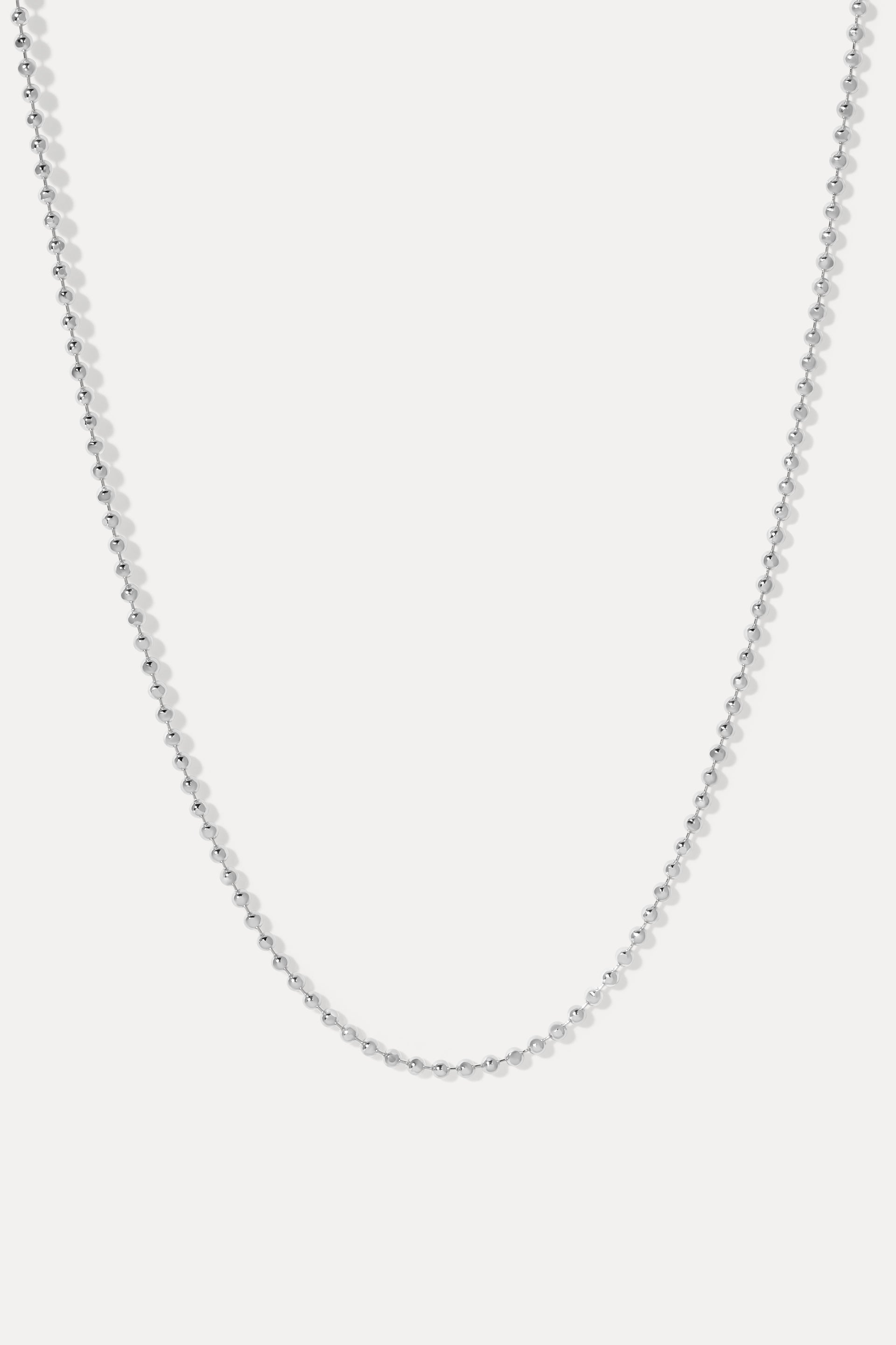 Silver Avery ball chain necklace displayed in a U-shape on a clean white background.