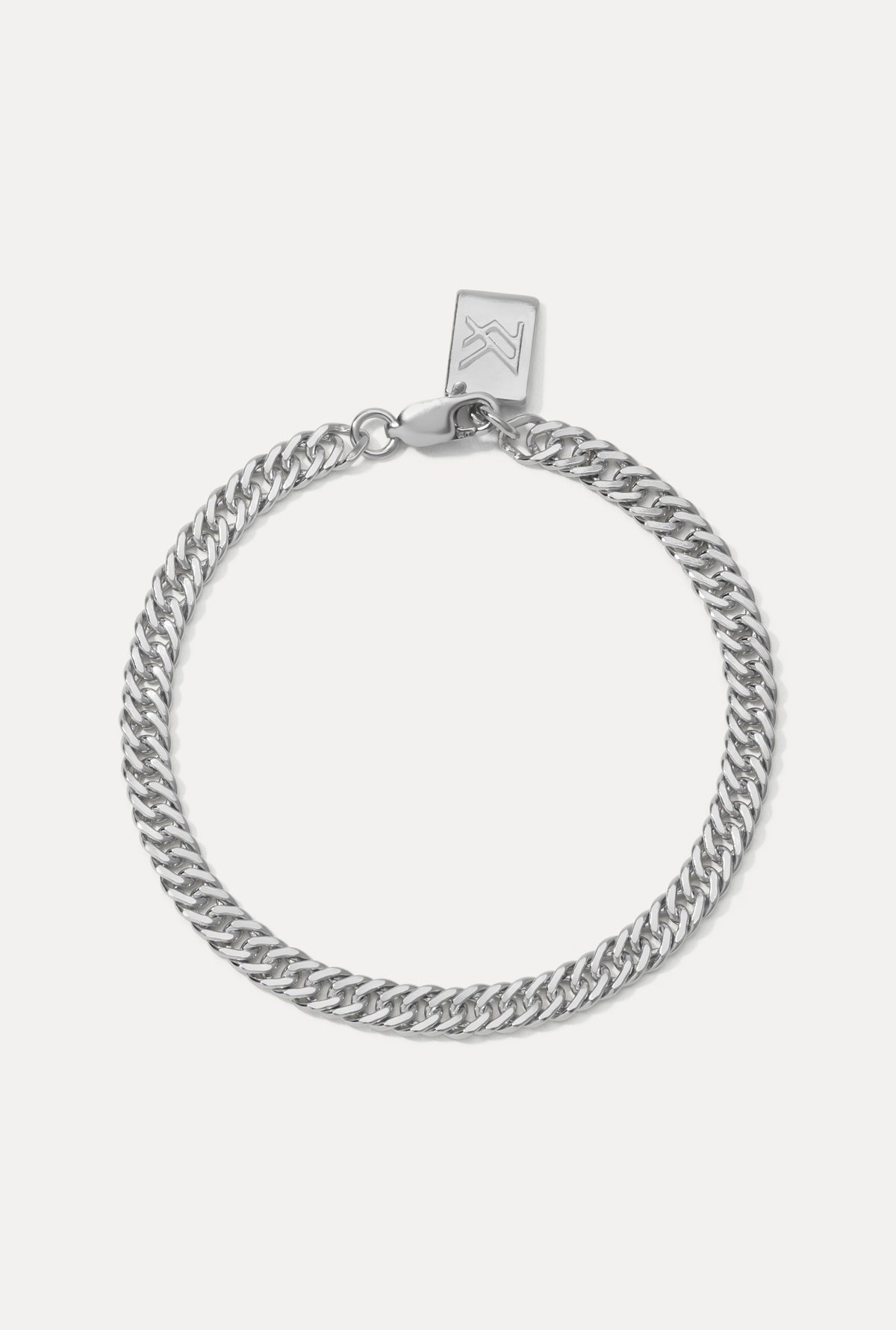 Sterling silver Blair Bracelet displayed in a circle on a white background with logo tag.