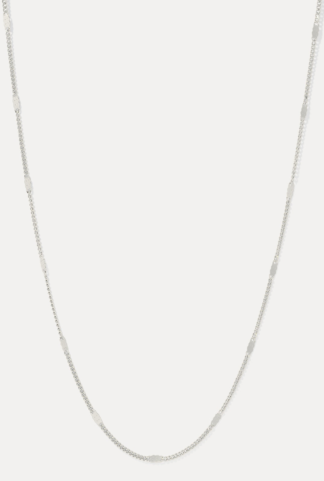 Silver Coco cable chain necklace with dapped bar links displayed in a U-shape on a clean white background.