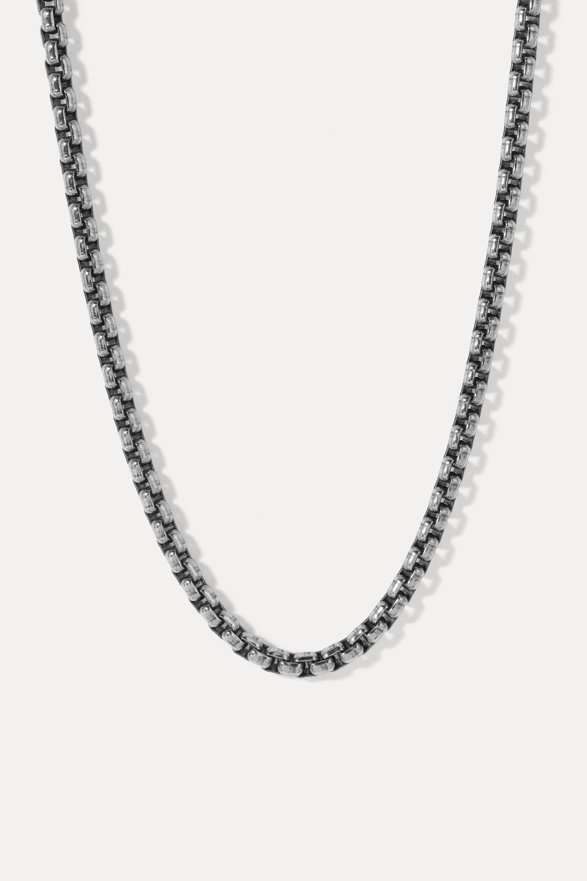 Men's sterling silver Dylan Byzantine chain necklace displayed laid flat against a plain white background.