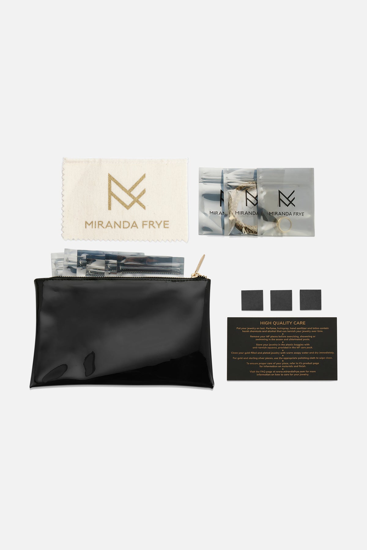 Image of the Miranda Frye care pack consisting of polishing cloth, anti-tarnish squares, a pouch and individual baggies.