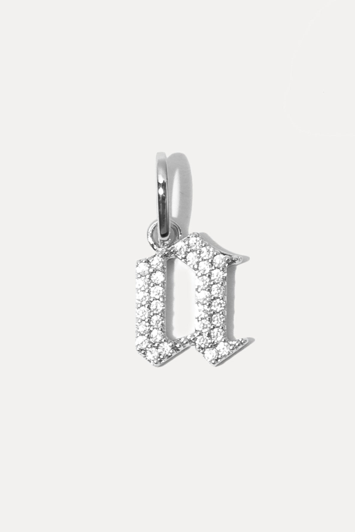 Silver Gothic Letter A charm with pavé cubic zirconia on a white background.