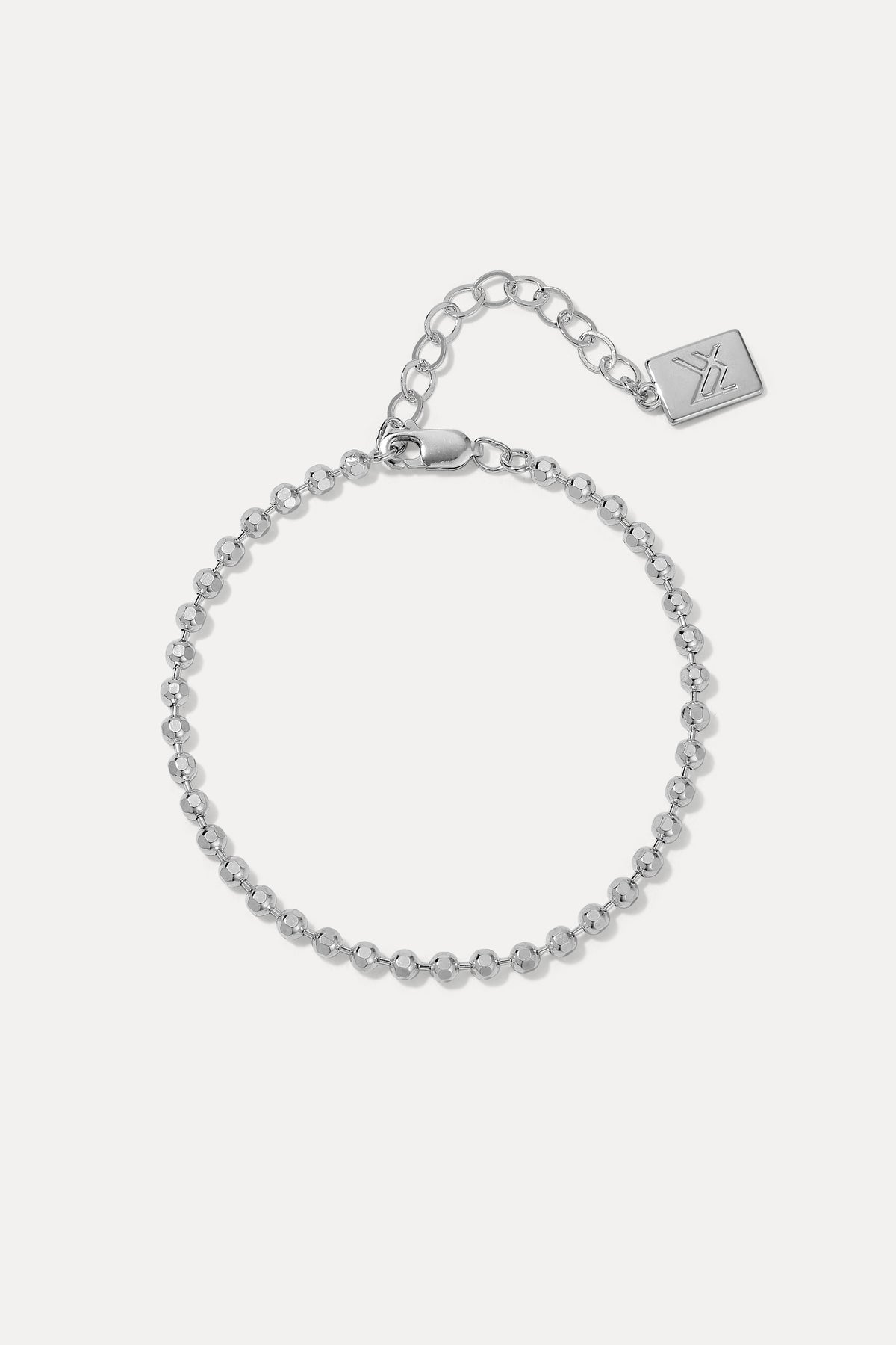 Sterling silver London ball chain bracelet with diamond-cut beads displayed in a circle on a white background.