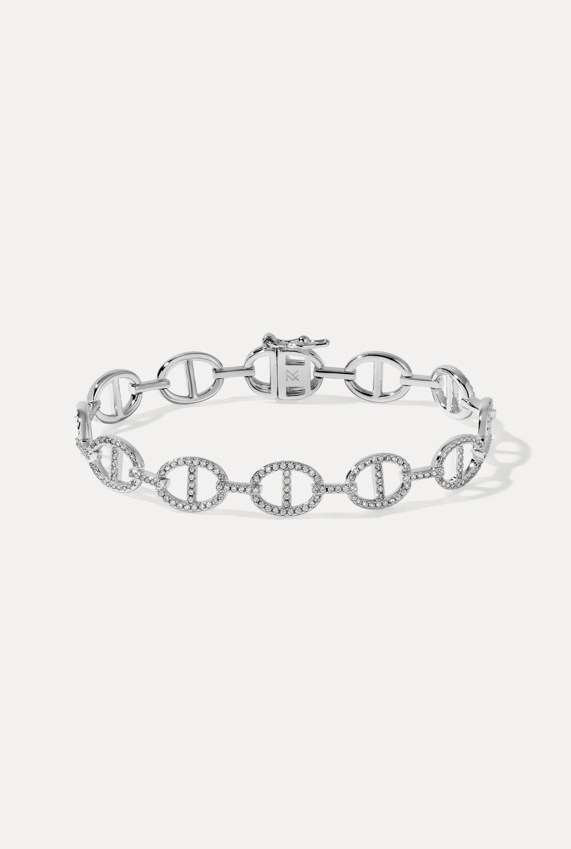 Silver Sienna mariner link bracelet with pavé CZ on a plain white background.