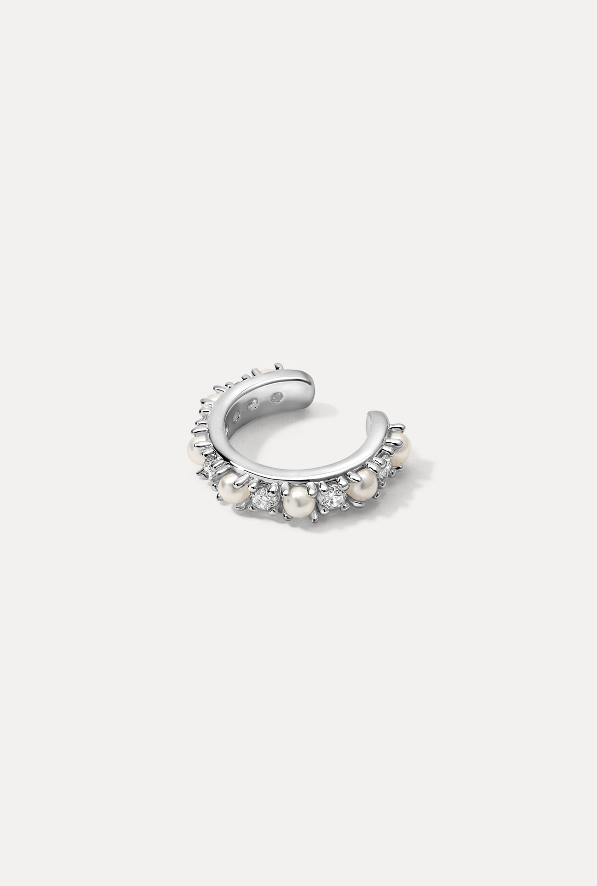 Silver Wendy Ear Cuff set with small cultured pearls displayed flat on a clean white background.