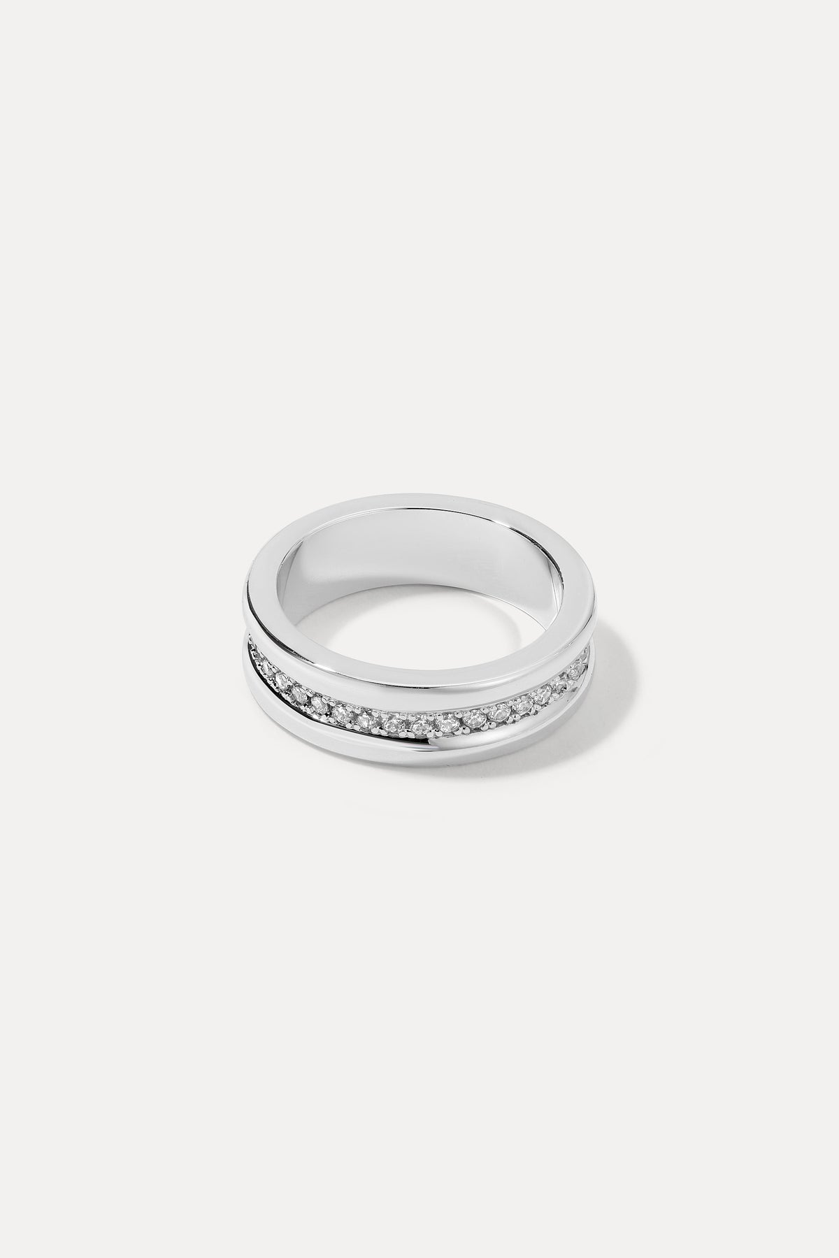 Silver Ariana cigar band ring with a row of CZ stones, shown against a white background.