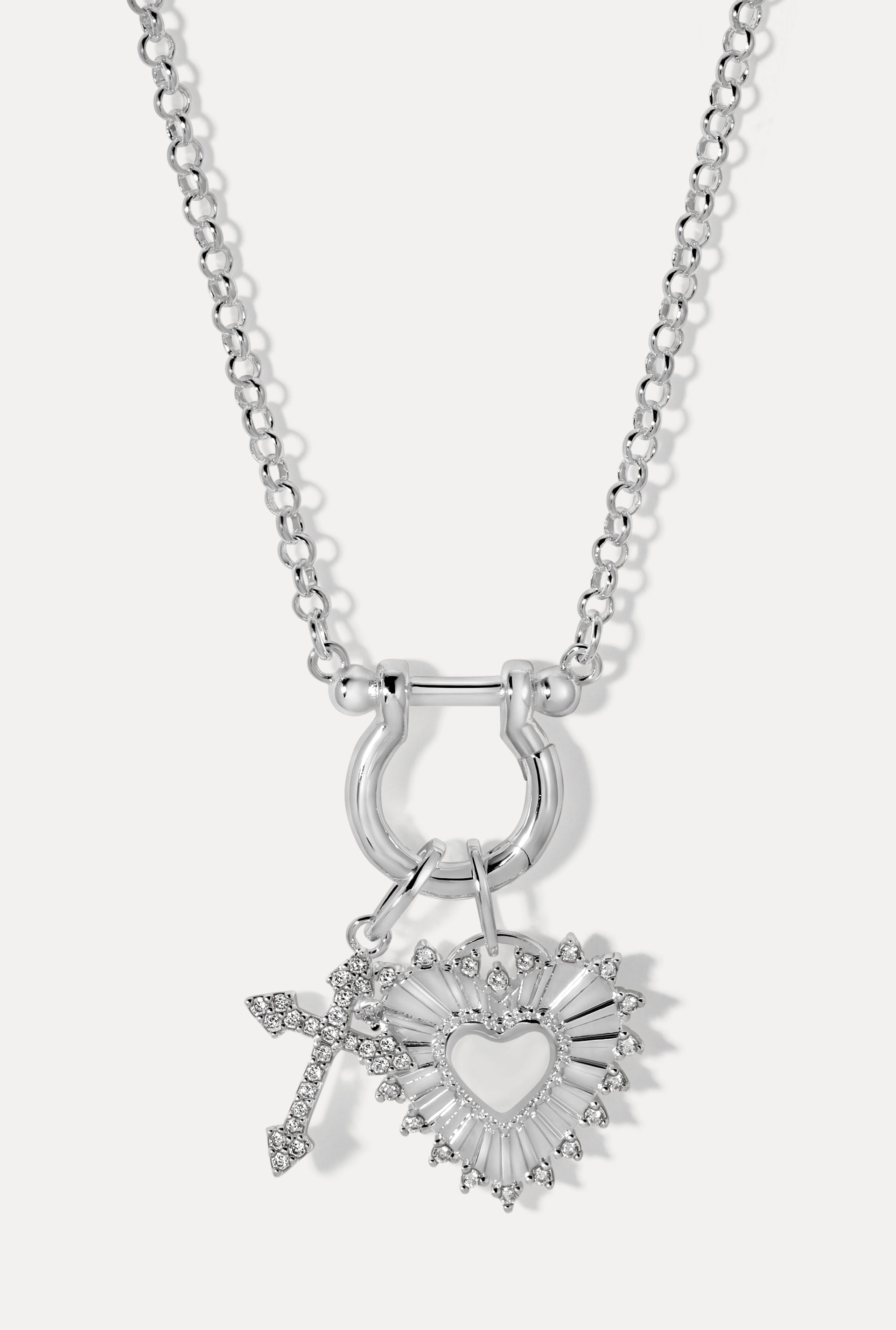Charm Collector Silver Rolo Chain Necklace layered with the harmony and adorn charms.