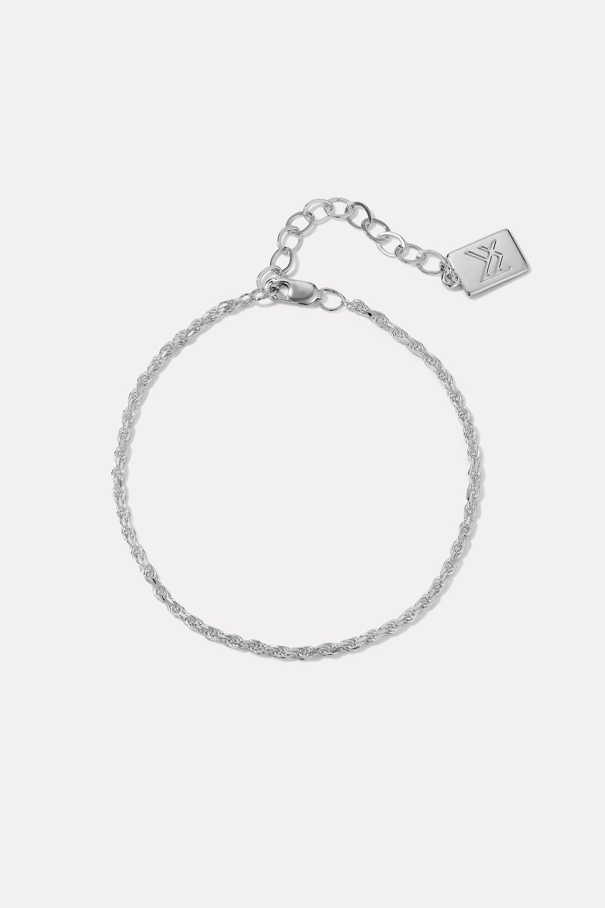 Sterling silver Kate rope chain bracelet displayed in a circle on a plain white background with logo tag.