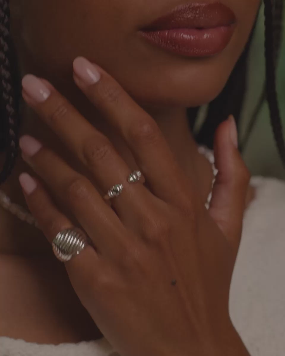 Short video of the silver Etta and panther Ring paired together on a model's hand.